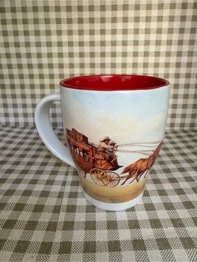 Wells Fargo horses pulling Stagecoach Cream Exterior Mug with Red Interior